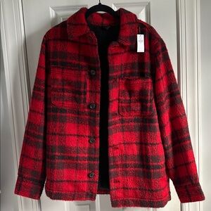 NWT Old Navy Men’s Red Black Plaid Sherpa Jacket Shacket XS